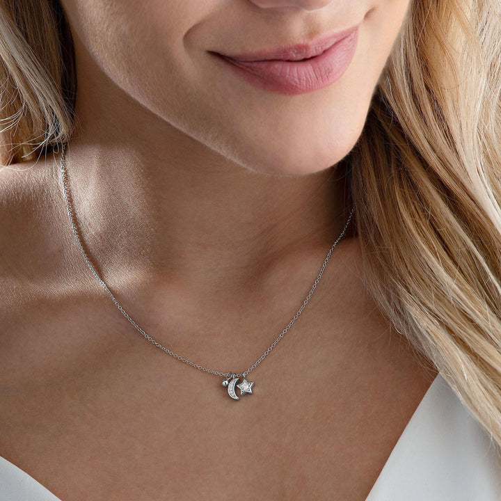 Silver Cubic Zirconia Moon & Star Necklace