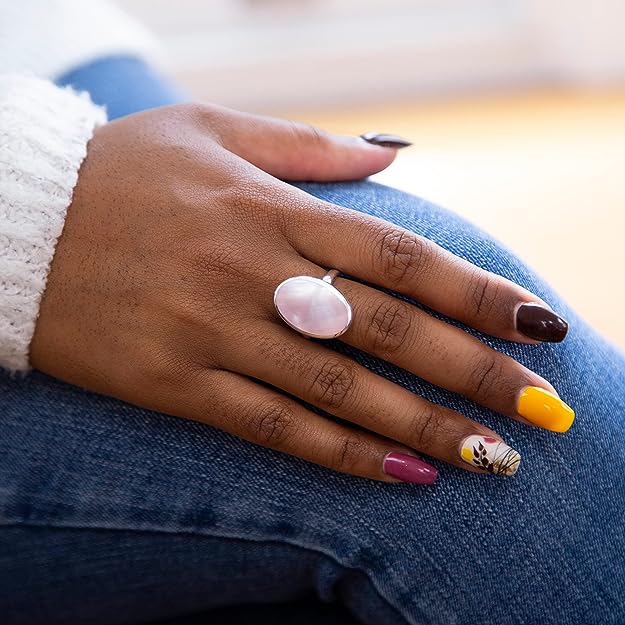 Silver Large Oval Pink Mother Of Pearl Ring