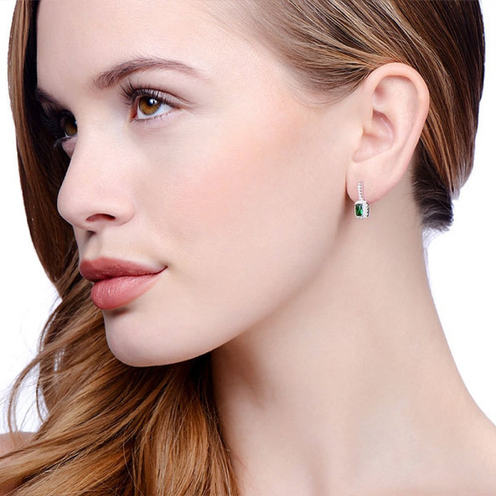 Silver Emerald-Cut Green Cubic Zirconia Drop Earrings