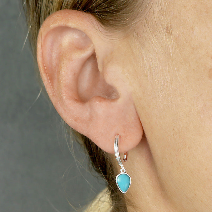 Silver Turquoise Teardrop Charm Hoop Earrings