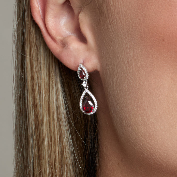 Sterling Silver Garnet Pear Halo Drop Earrings