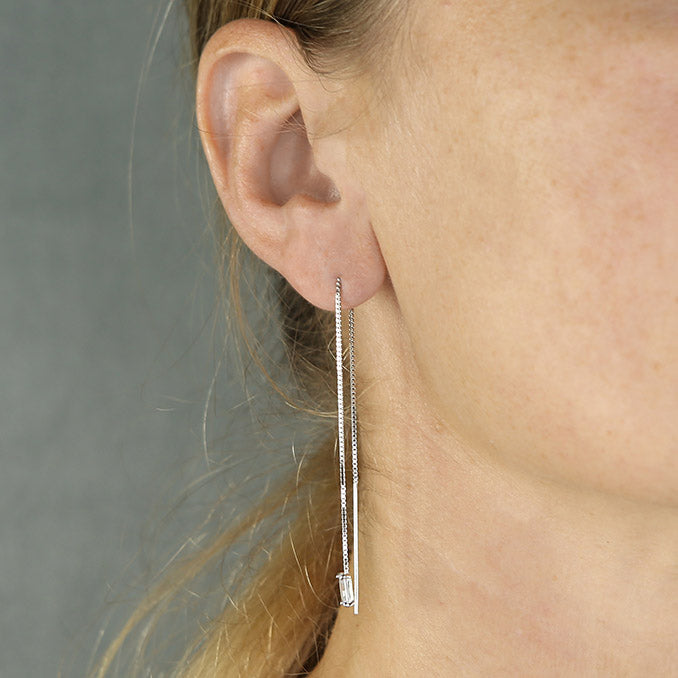 Silver Cubic Zirconia Long Pull Through Drop Earrings