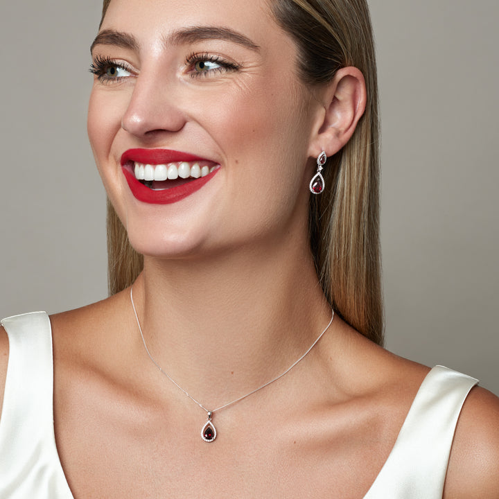 Sterling Silver Garnet Pear Halo Drop Earrings
