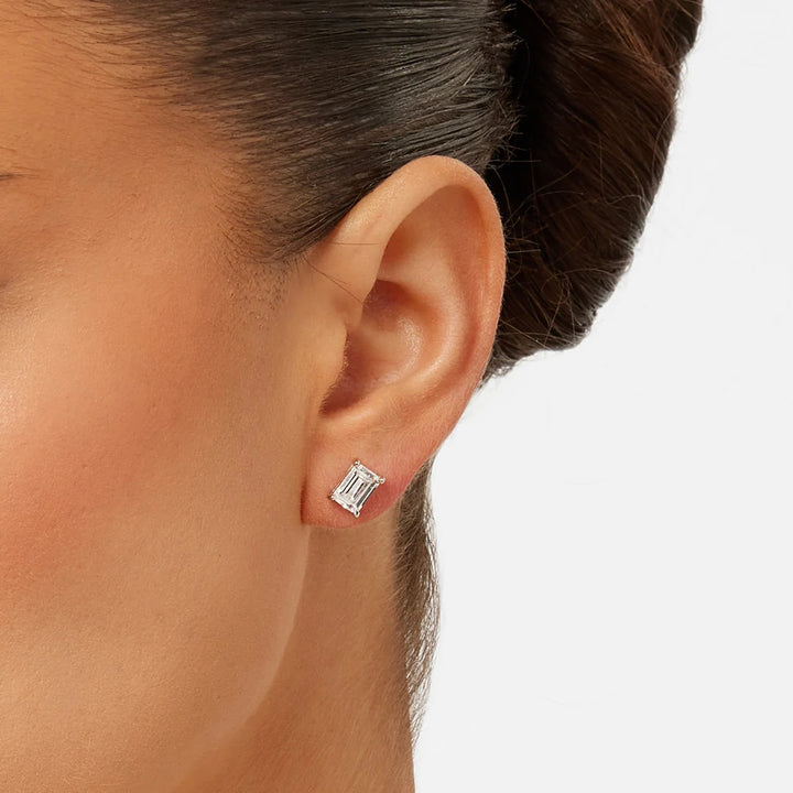Luminous Silver Emerald Cut Stud Earrings