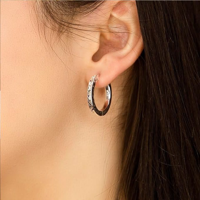 Silver Diamond-Cut Square Tube Hoop Earrings