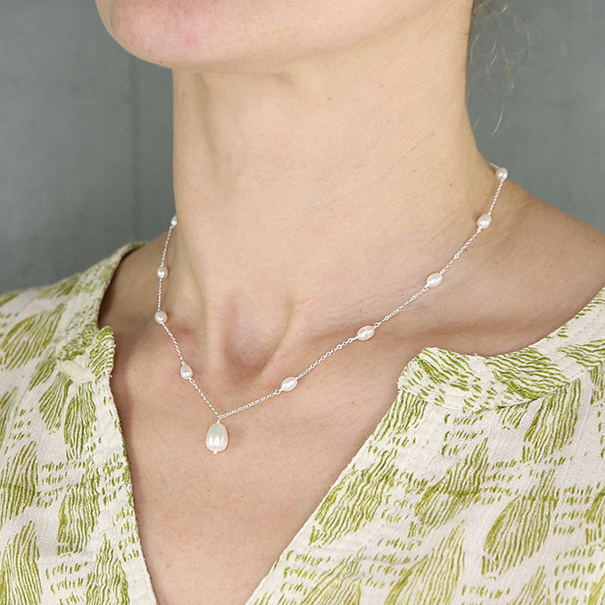 Sterling Silver Pearl Station Necklace