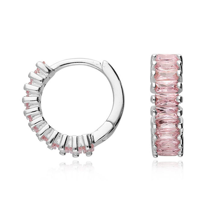Silver Pink Cubic Zirconia Huggie Hoop Earrings
