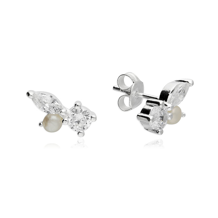 Silver Pearl & Cubic Zirconia Stud Earrings
