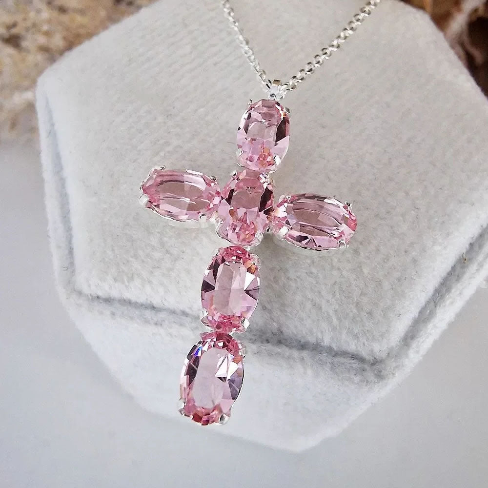 Sterling Silver Pink Stone Cross Necklace