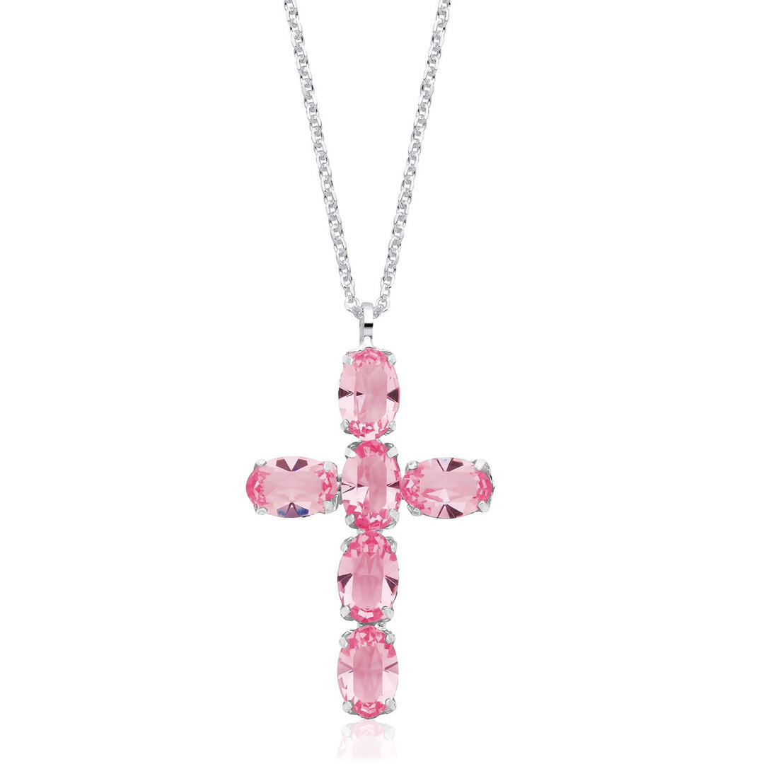 Sterling Silver Pink Stone Cross Necklace
