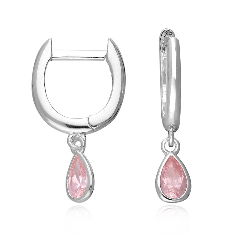 Silver Pink Teardrop Stone Huggie Hoop Earrings