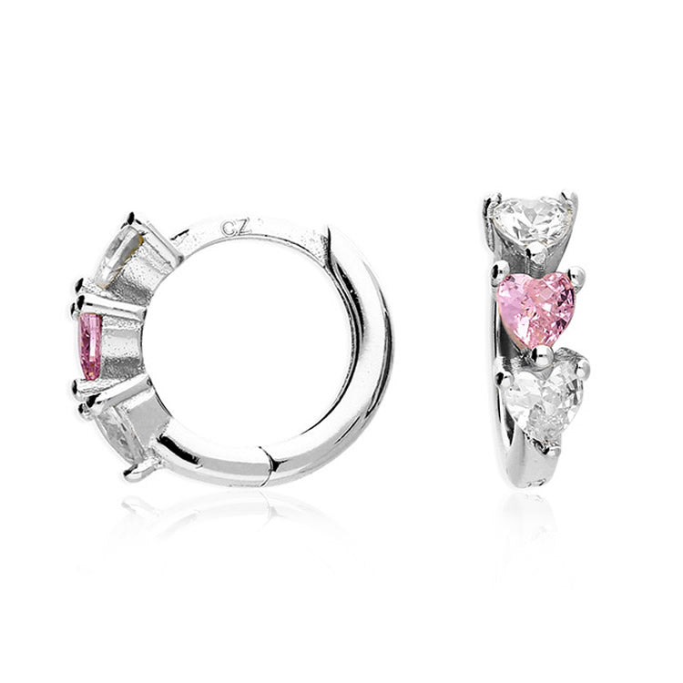 Silver Pink CZ Heart Huggie Hoop Earrings