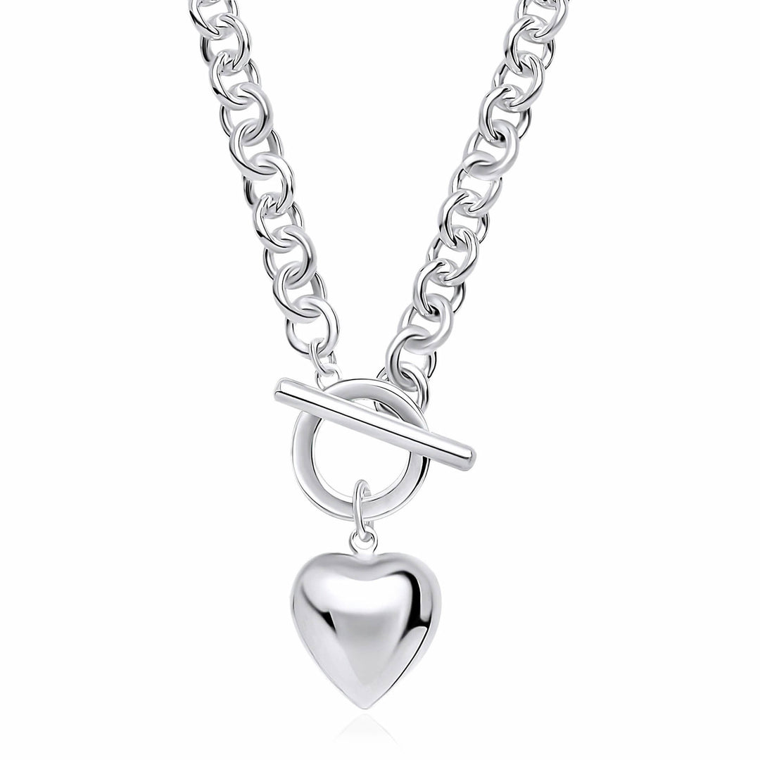 Silver Puff Heart T-Bar Chain Necklace