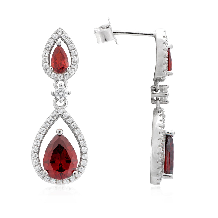 Sterling Silver Garnet Pear Halo Drop Earrings