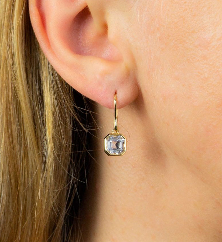 9ct Gold Asscher Cut White Topaz Drop Earrings