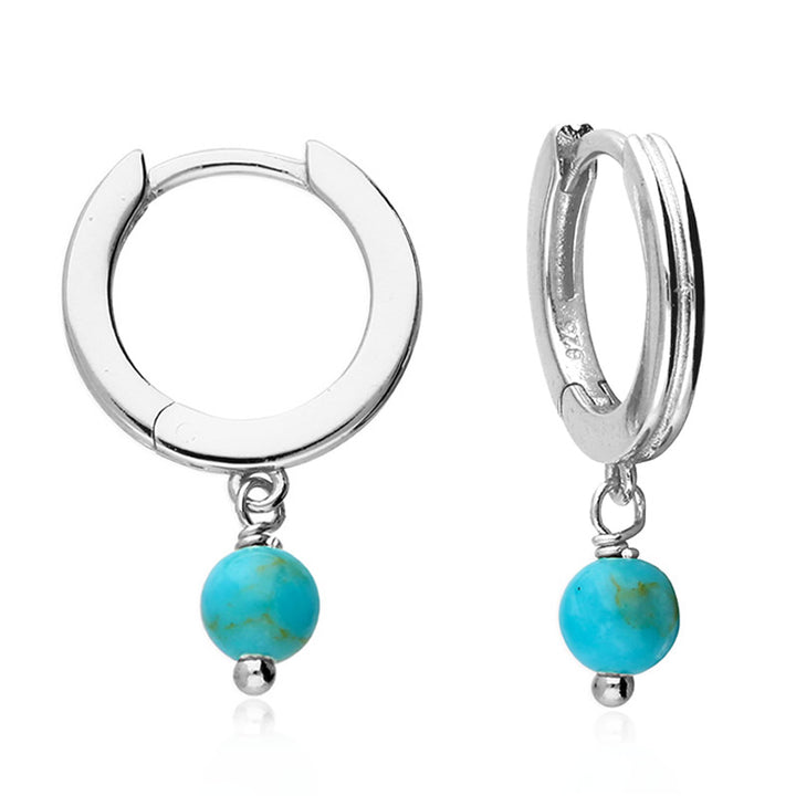 Silver Turquoise Bead Charm Hoop Earrings