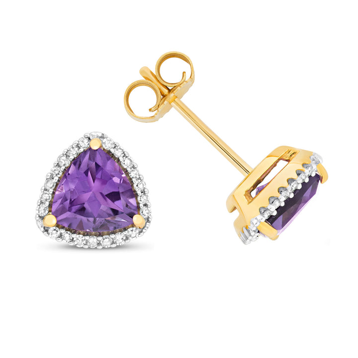 9ct Gold Trillion Cut Amethyst & Diamond Stud Earrings
