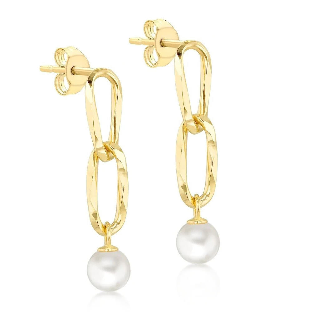 9ct Gold Oval Link Pearl Drop Earrings