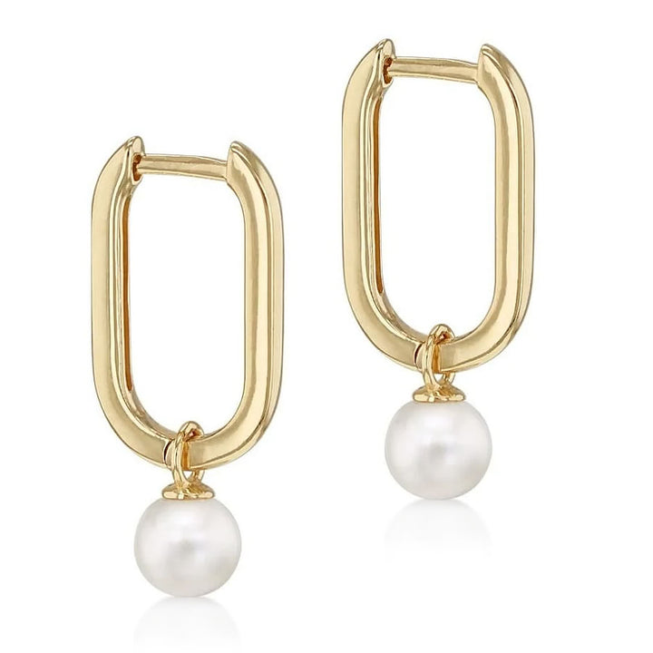 9ct Gold Pearl Oval Link Hoops Earrings