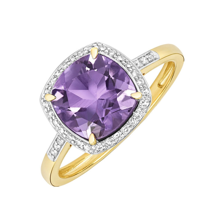 9ct Gold Cushion Cut Amethyst & Diamond Ring