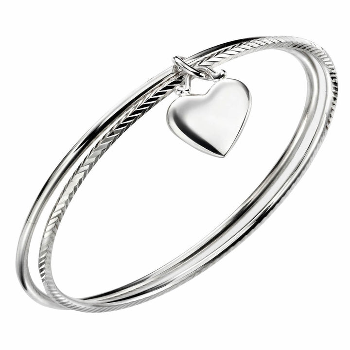 Silver Solid Heart Charm Double Bangle