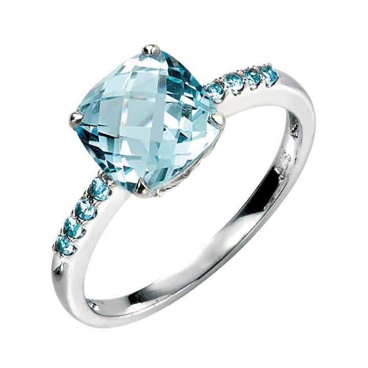 9ct White Gold Cushion Cut Blue Topaz Ring