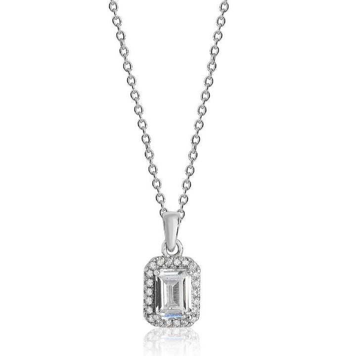 Luminous Silver Emerald Cut Halo Pendant