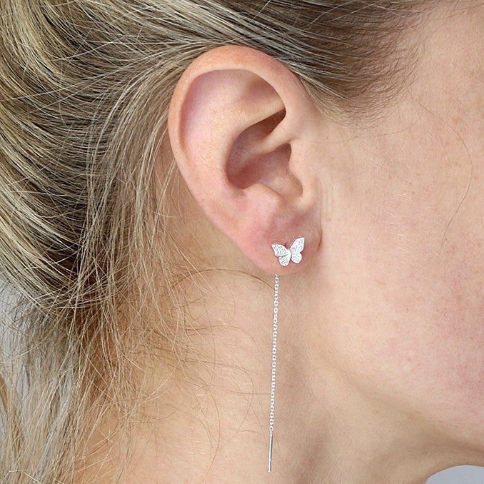 Sterling Silver Pull Through Butterfly Drop Earrings