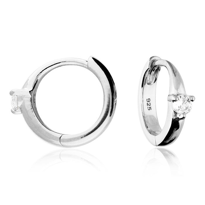 Sterling Silver Solitaire Hinged Huggie Hoop Earrings