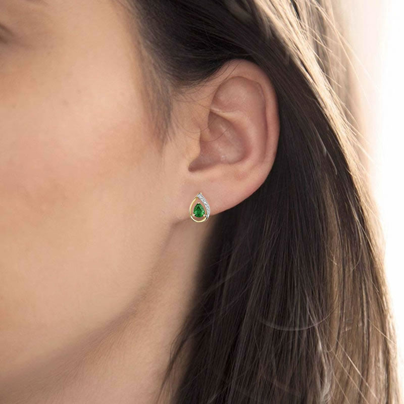 9ct Gold Pear Emerald & Diamond Stud Earrings