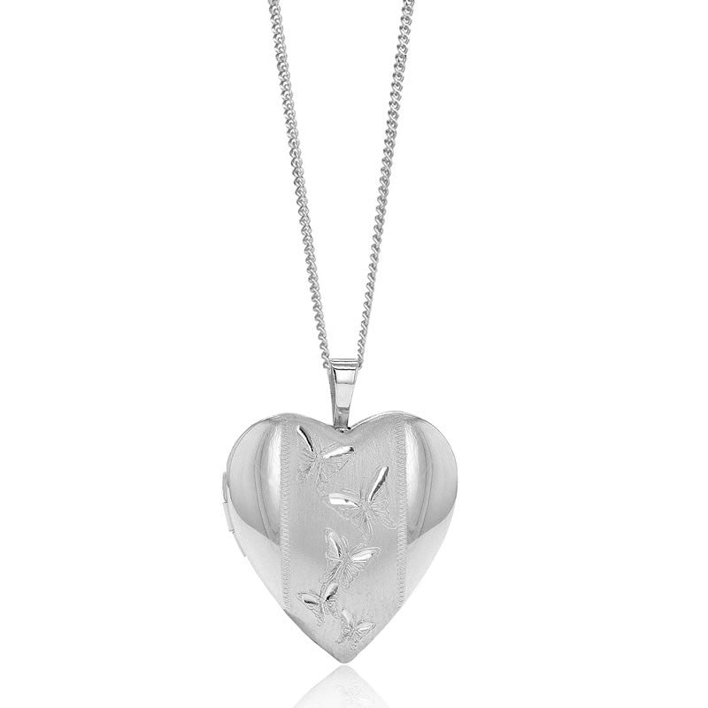Silver Butterfly Heart Locket Necklace