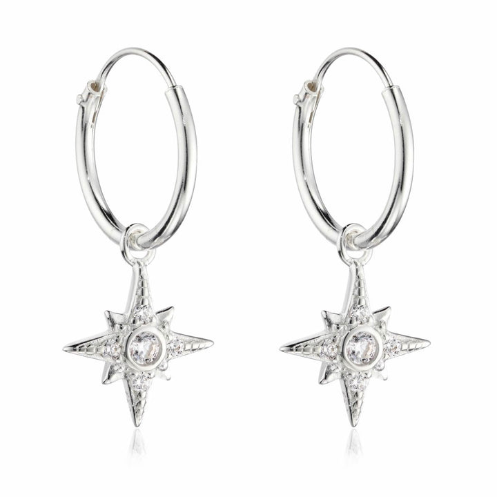 Silver Cubic Zirconia Starburst Charm Hoop Earrings