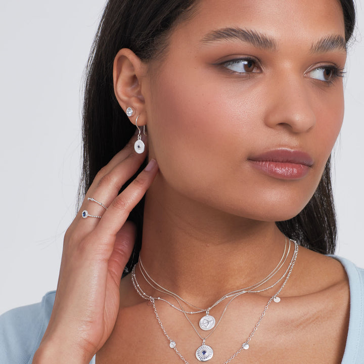 Silver Sapphire Blue Crystal Disc Drop Earrings