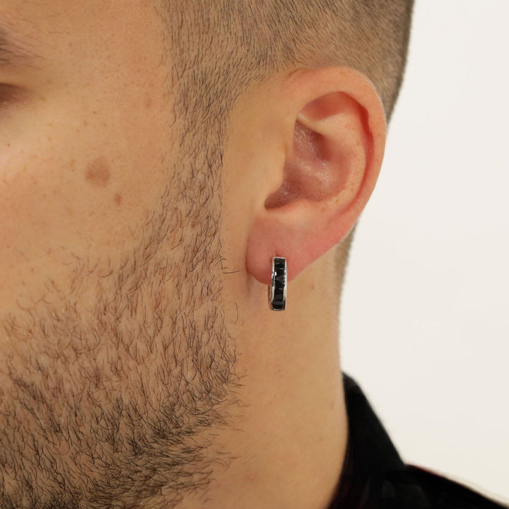 Men's Silver Black Cubic Zirconia Huggie Hoop Earrings