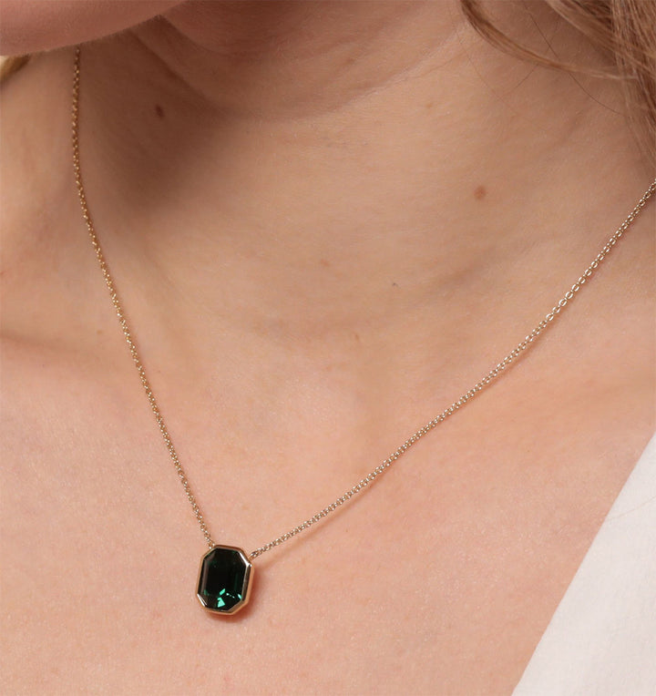 18ct Gold Plated Silver Emerald-Cut Green Crystal Necklace