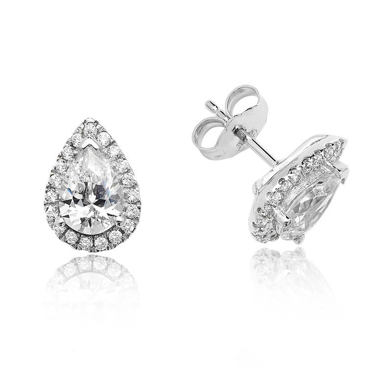 Luminous Silver Pear Halo Stud Earrings