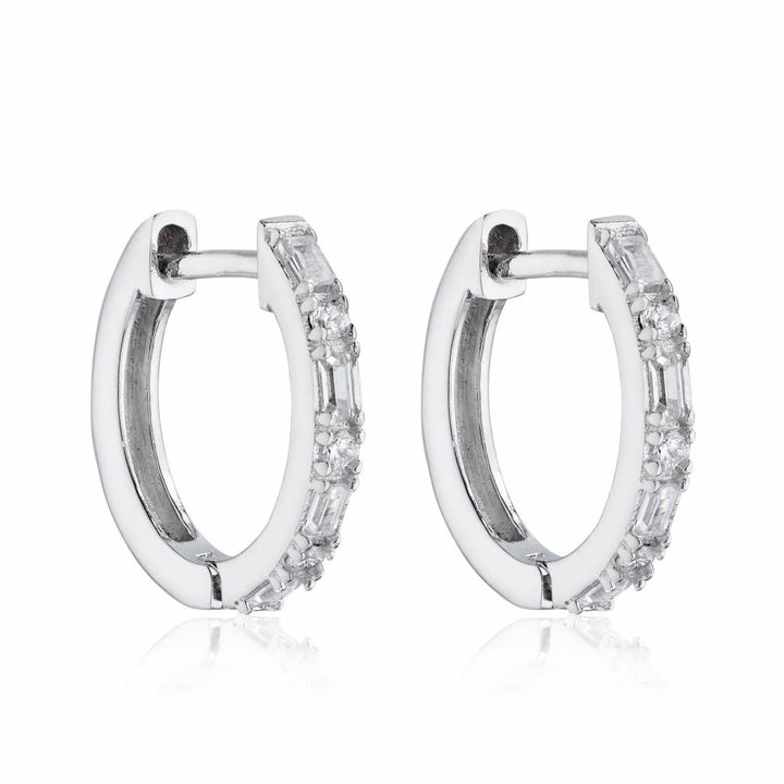 Silver Baguette-Cut Cubic Zirconia Hinged Hoop Earrings