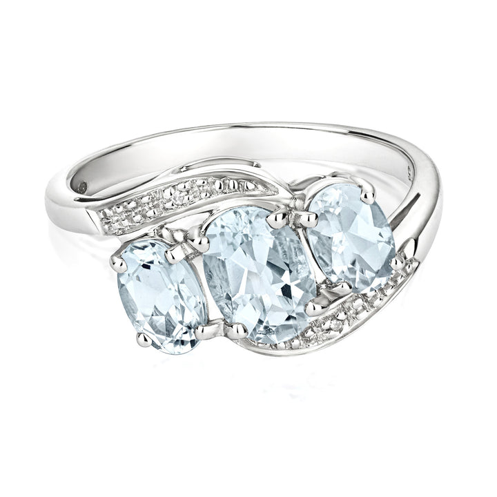 9ct White Gold Diamond & Aquamarine Trilogy Twist Ring