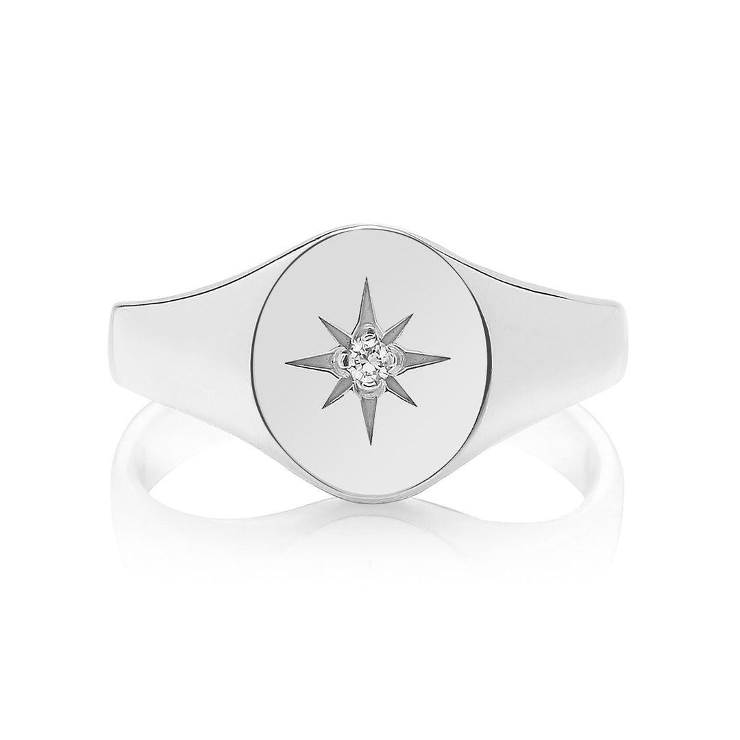 Silver Diamond Oval Signet Ring