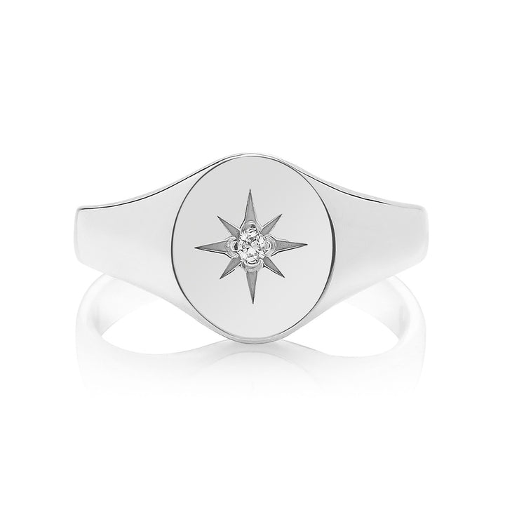 Silver Diamond Oval Signet Ring