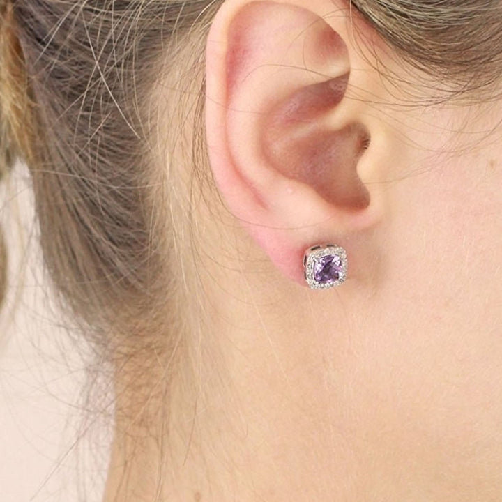 9ct White Gold Cushion Cut Amethyst & Diamond Stud Earrings