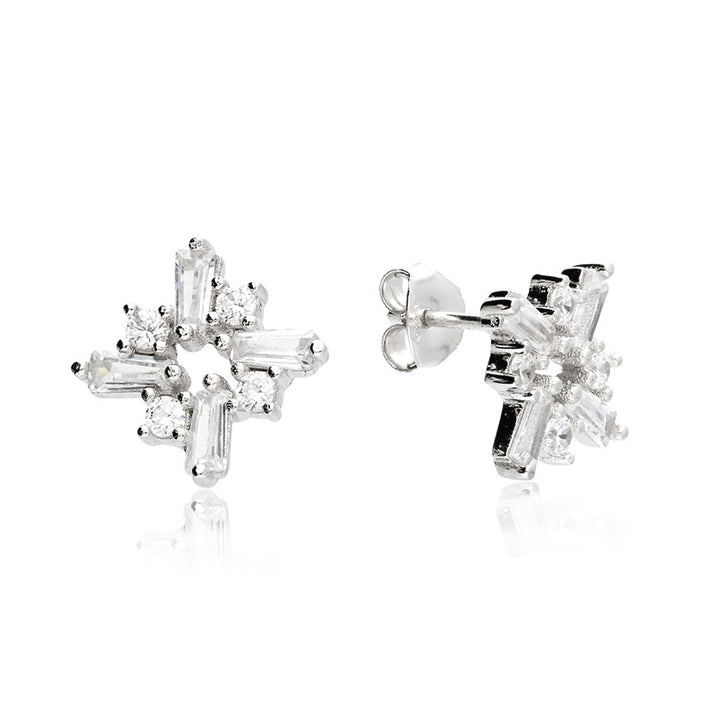 Silver Round & Baguette Cut Abstract Star Earrings