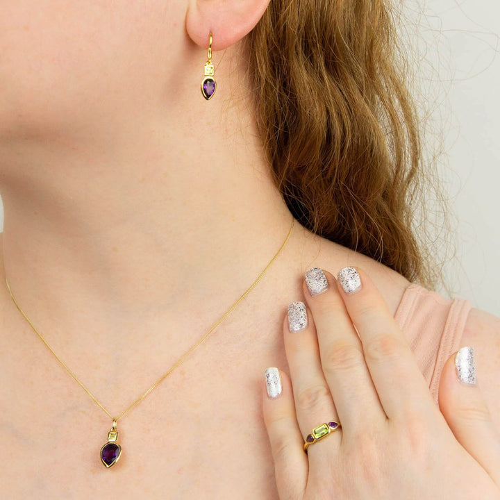 18ct Gold Plated Silver Peridot & Amethyst Petal Drop Earrings