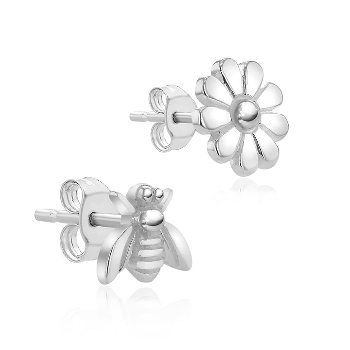 Sterling Silver Bee & Flower Stud Earrings
