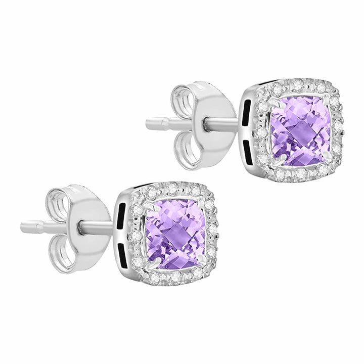 9ct White Gold Cushion Cut Amethyst & Diamond Stud Earrings