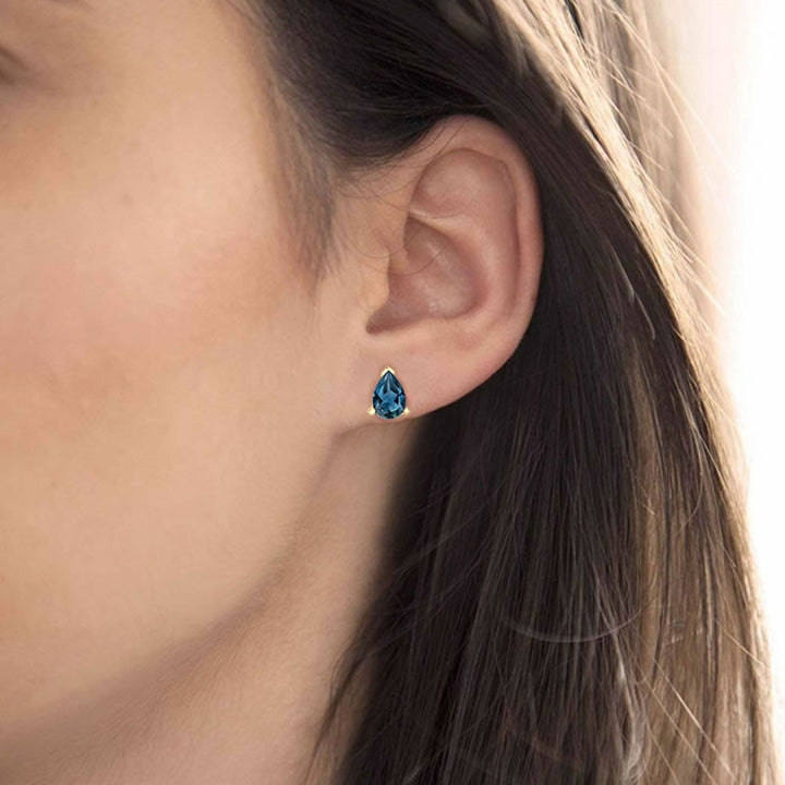 9ct Gold London Blue Topaz Pear Stud Earrings