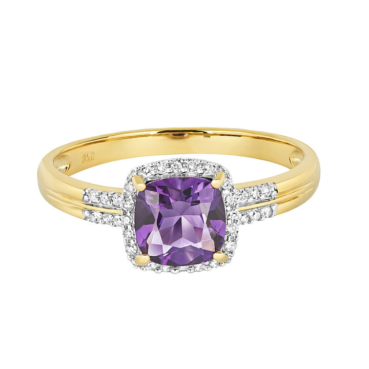 9ct Gold Cushion-Cut Amethyst & Diamond Halo Ring