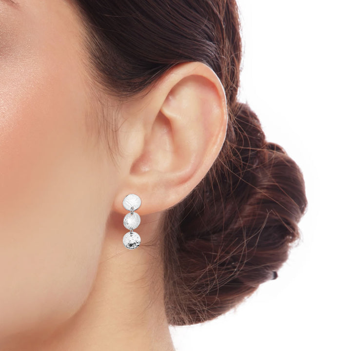 Silver Triple Hammered Disc Drop Earrings