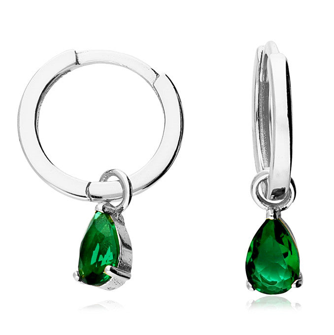 Silver Green CZ Huggie Hoop Earrings