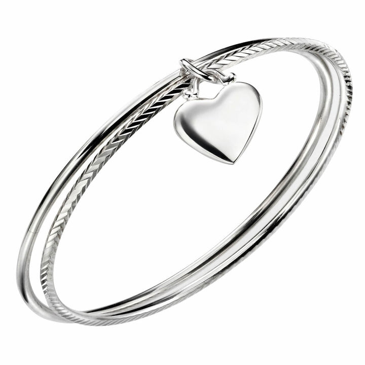 Silver Personalised Solid Heart Charm Double Bangle